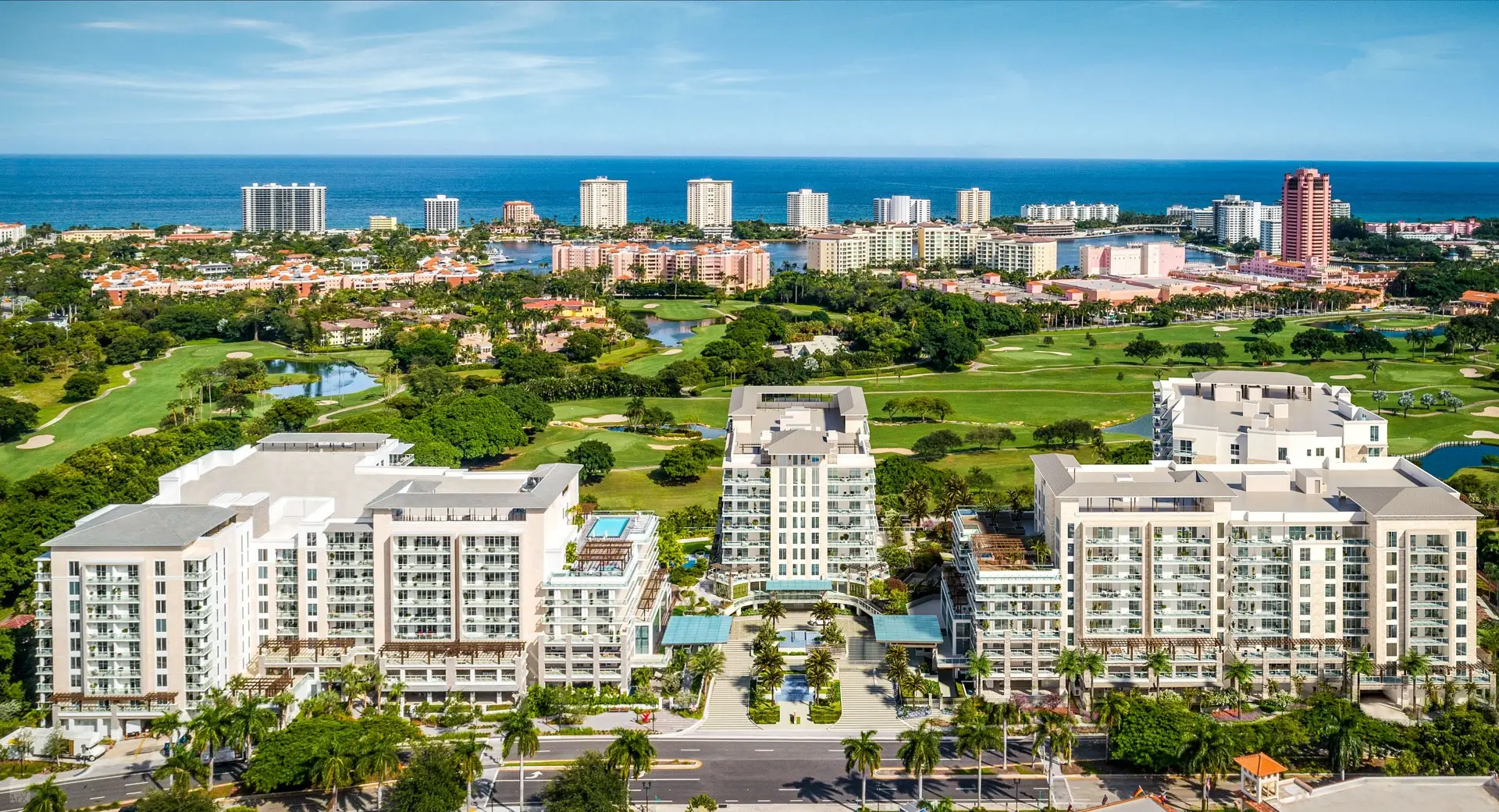 Drone shot above Alina and the Boca Raton Resort with views of the ocean